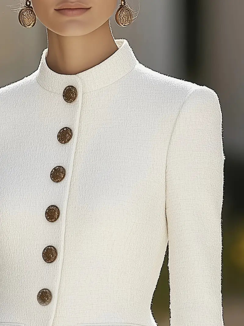 Elena | Textured Blazer with Stand Collar and Gold Buttons – Lumina