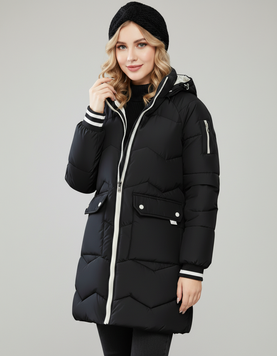 Gemma | Sporty Contrast-Lined Hooded Long Puffer Coat - Lumina