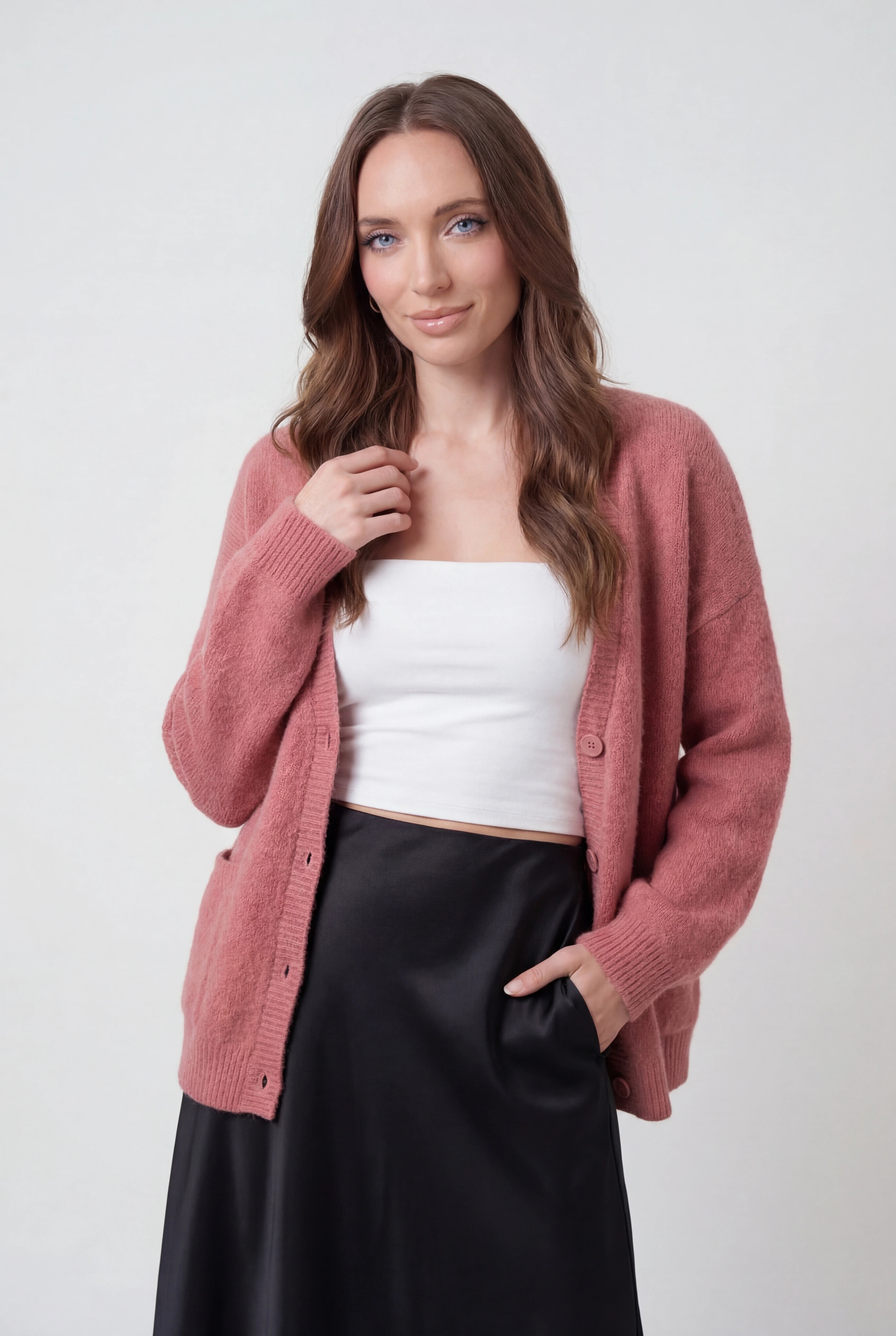 Isabella | Cozy Pink Knit Cardigan Sweater with Relaxed Fit - Lumina