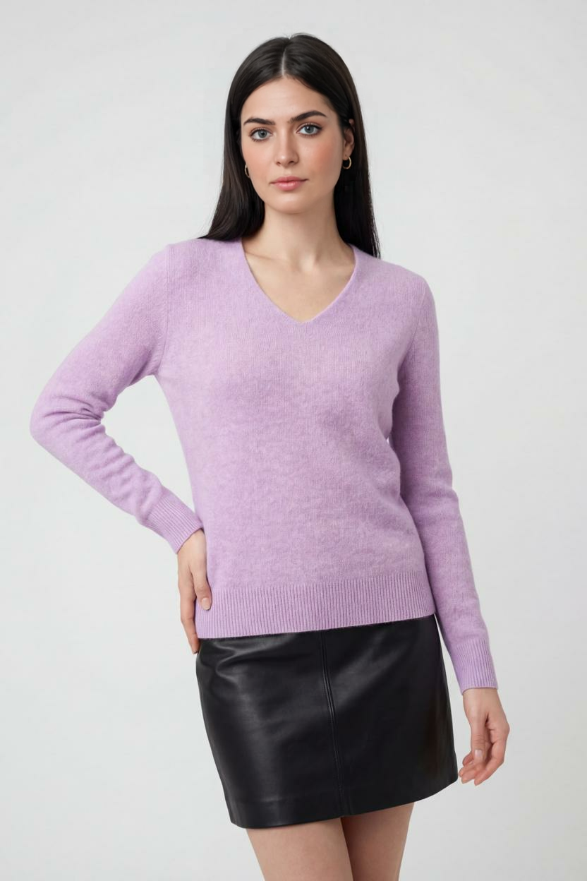 Isabella | Cozy Purple Knit Sweater with V-Neckline - Lumina