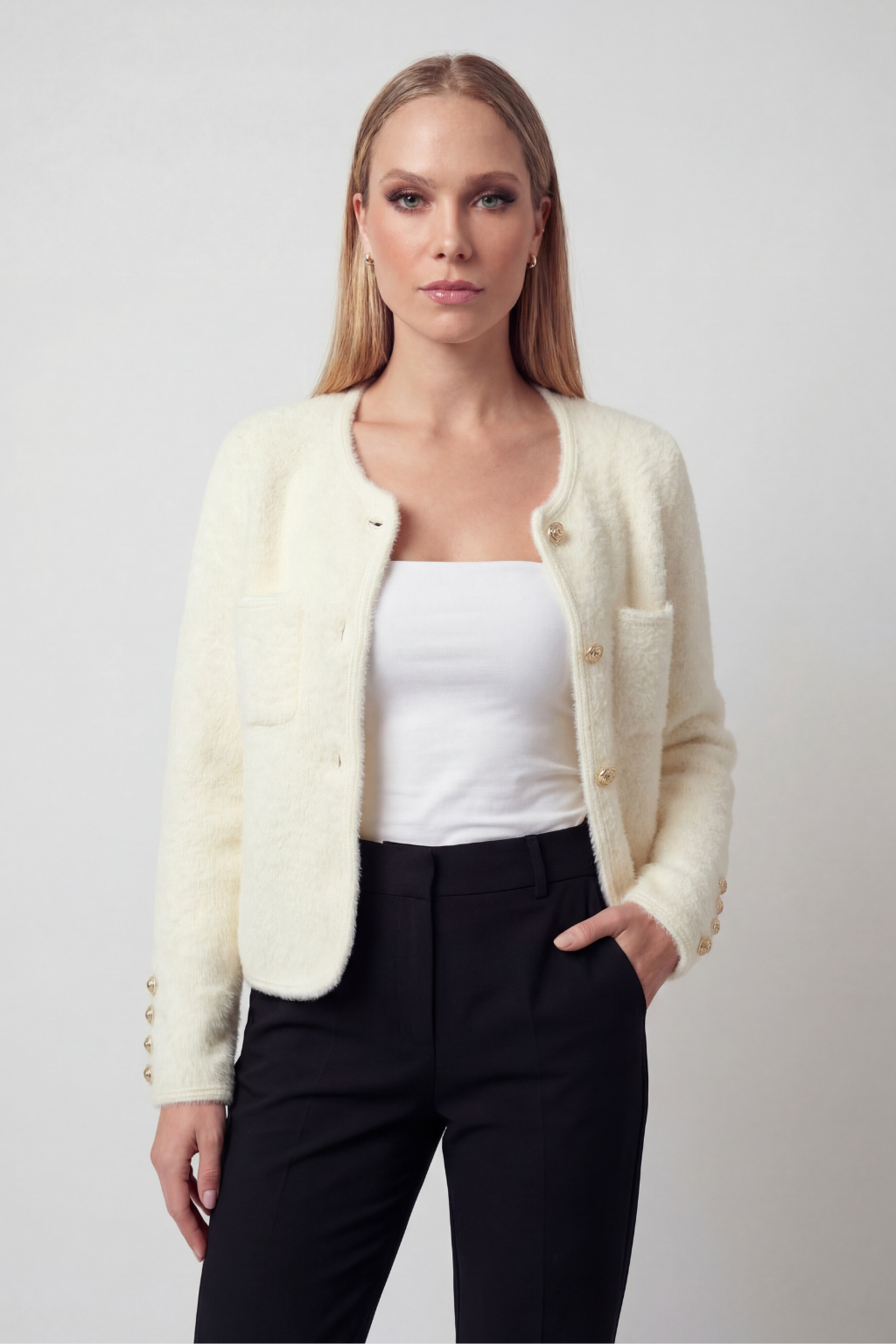 Isabella | Cozy White Cardigan Sweater with Ribbed Hem - Lumina