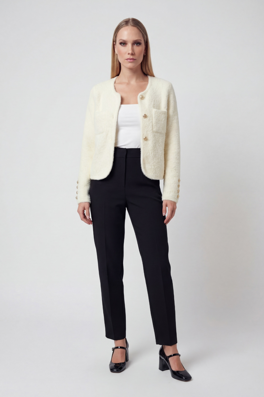 Isabella | Cozy White Cardigan Sweater with Ribbed Hem - Lumina