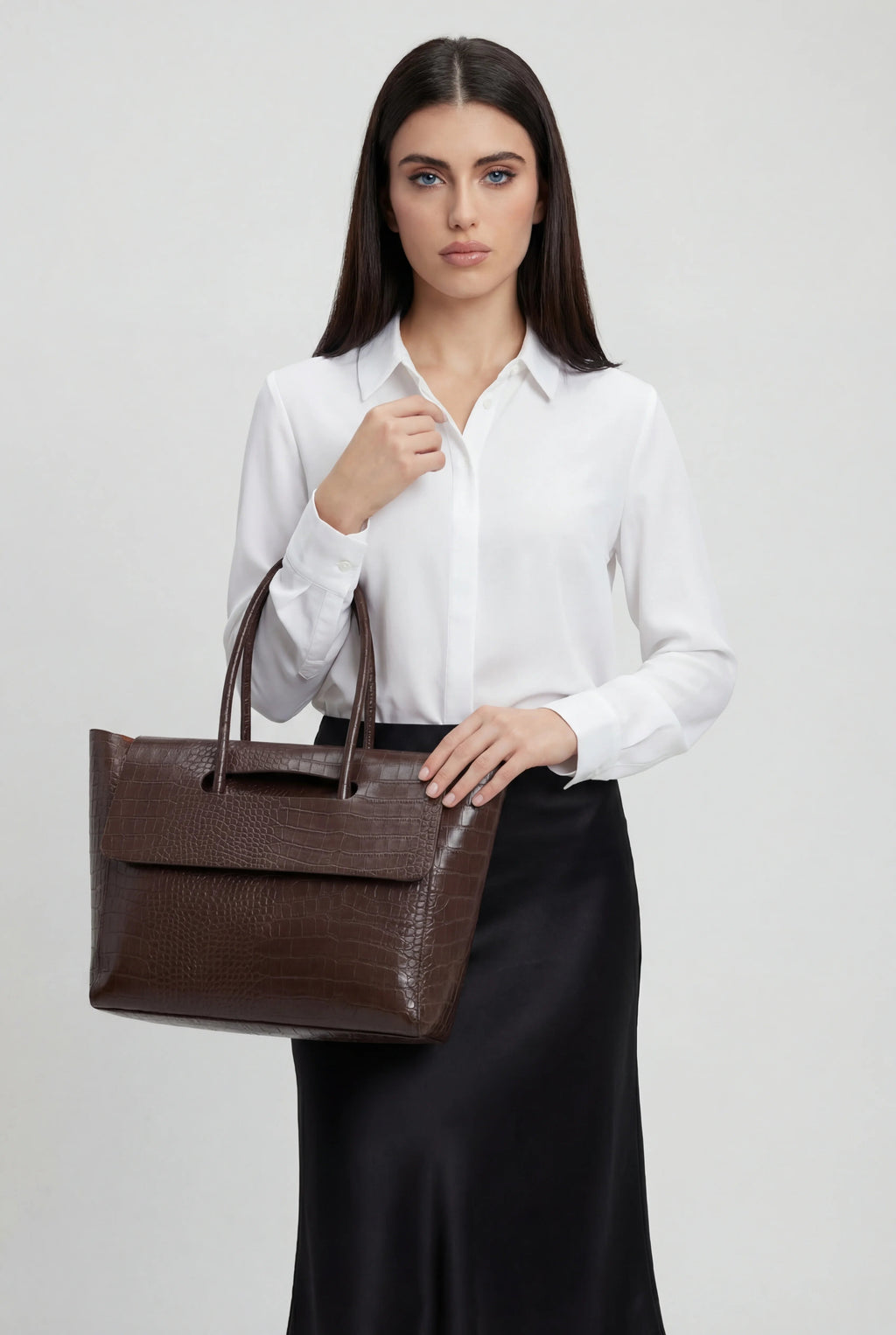 Isabella | Elegant Black Crocodile Handbag with Adjustable Strap - Lumina