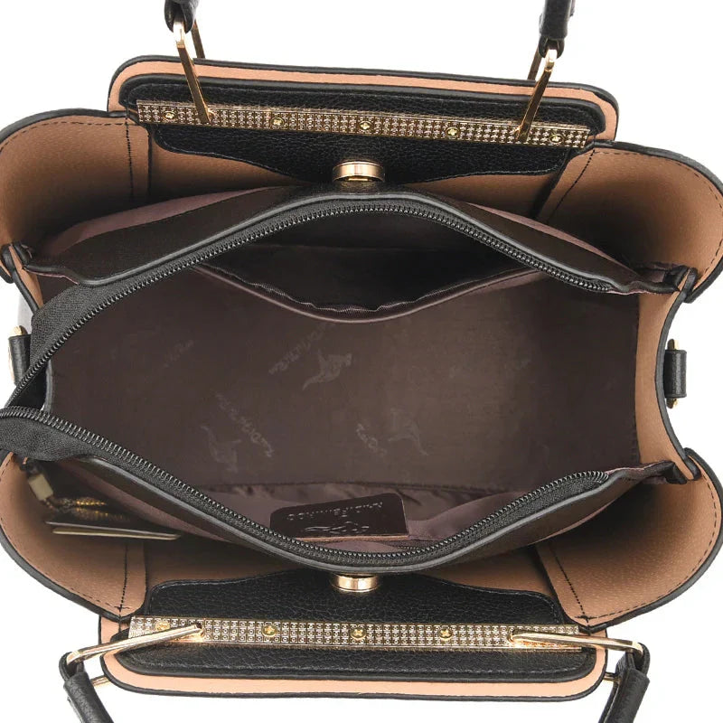 Isabella | Elegant Black Leather Handbag with Gold Accents - Lumina
