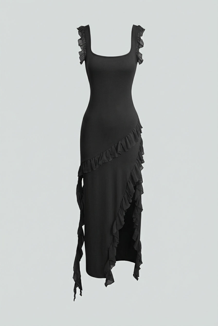 Isabella | Elegant Black Maxi Dress with High Slit - Lumina