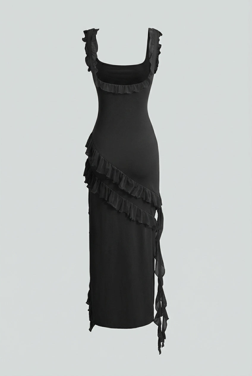 Isabella | Elegant Black Maxi Dress with High Slit - Lumina