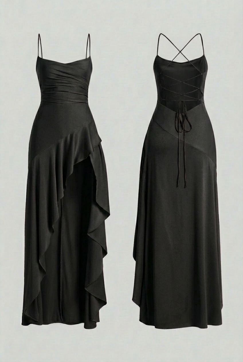 Isabella | Elegant Black Maxi Dress with Lace-Up Back - Lumina