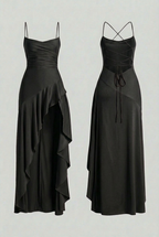 Isabella | Elegant Black Maxi Dress with Lace-Up Back - Lumina