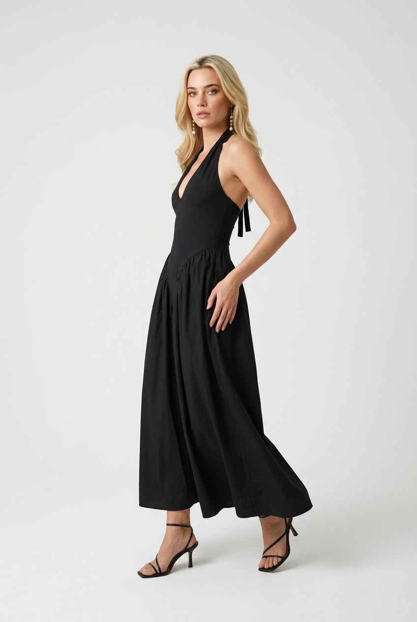 Isabella | Elegant Black Midi Dress with Flattering Fit - Lumina