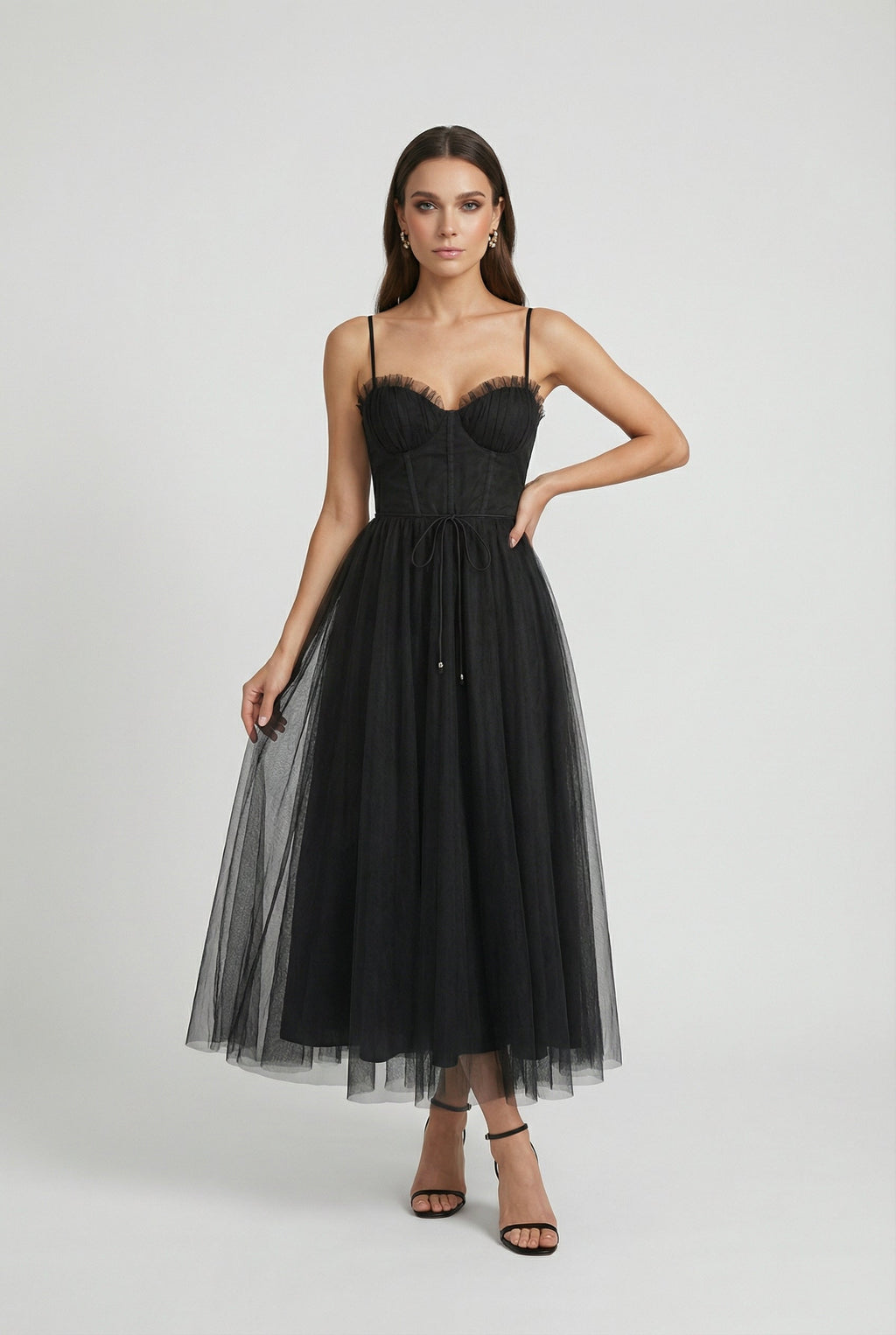 Isabella | Elegant Black Midi Dress with Sleeveless Design - Lumina