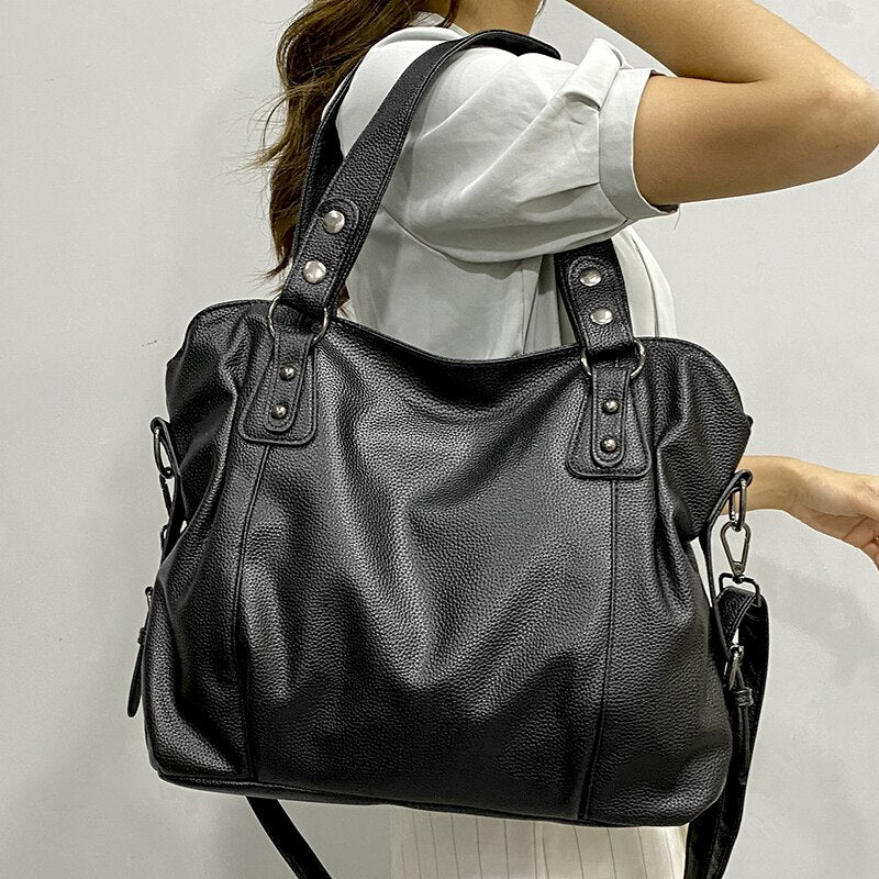 Isabella | Elegant Black Synthetic Leather Tote Bag - Lumina