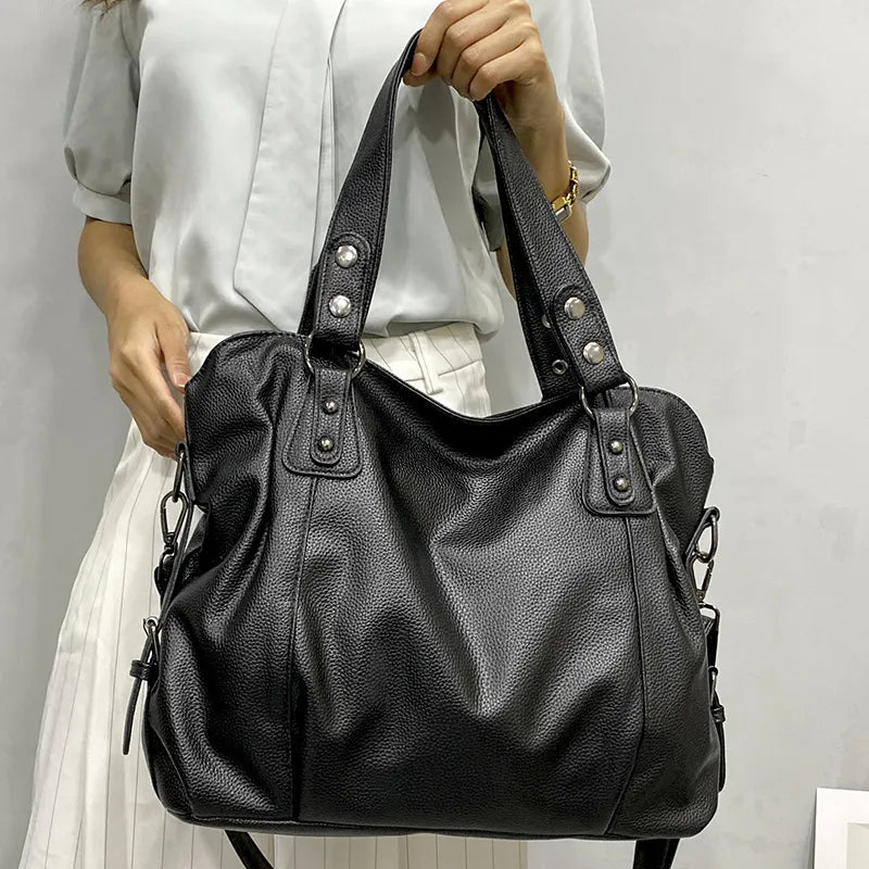 Isabella | Elegant Black Synthetic Leather Tote Bag - Lumina