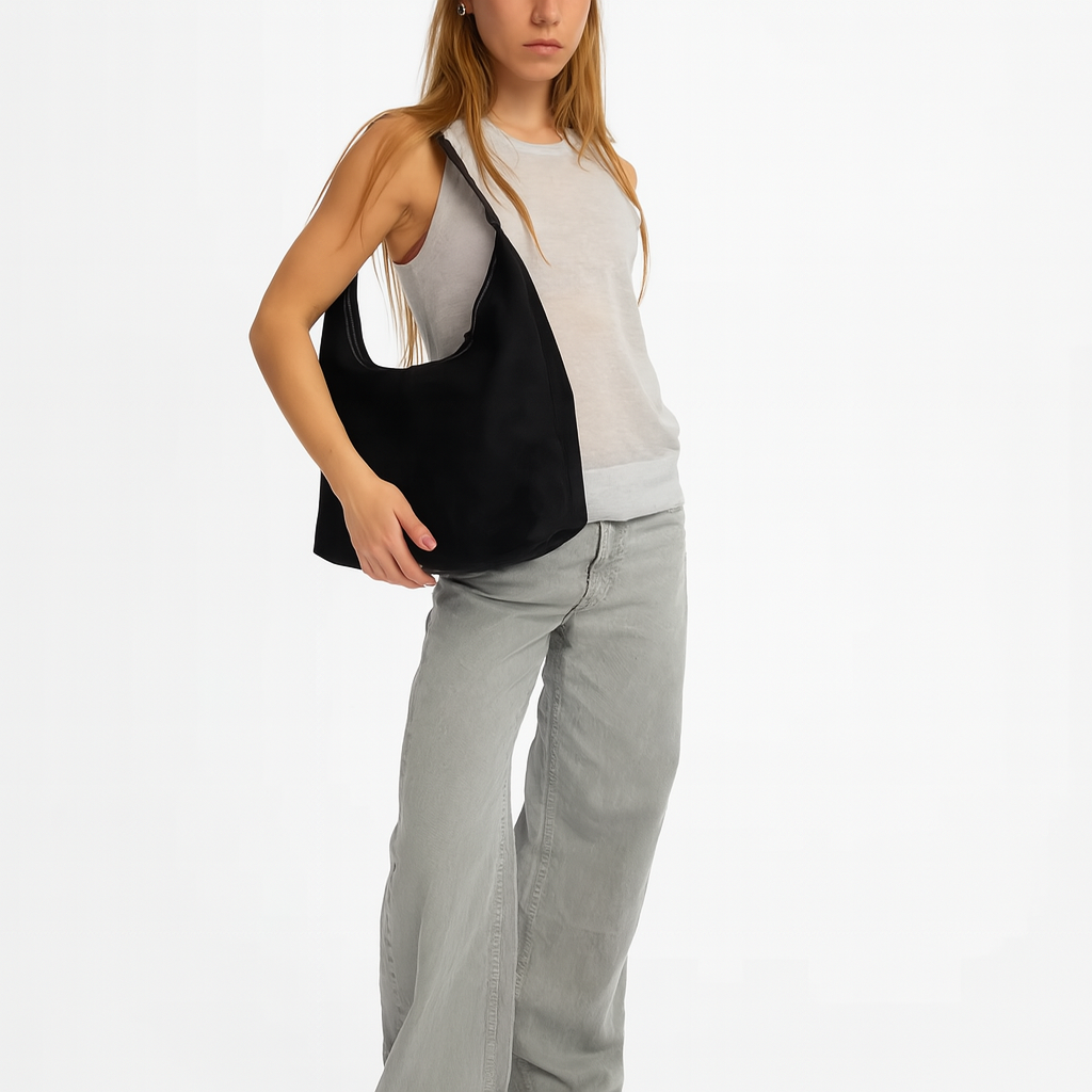 Isabella | Elegant Black Vegan Suede Tote Bag - Lumina
