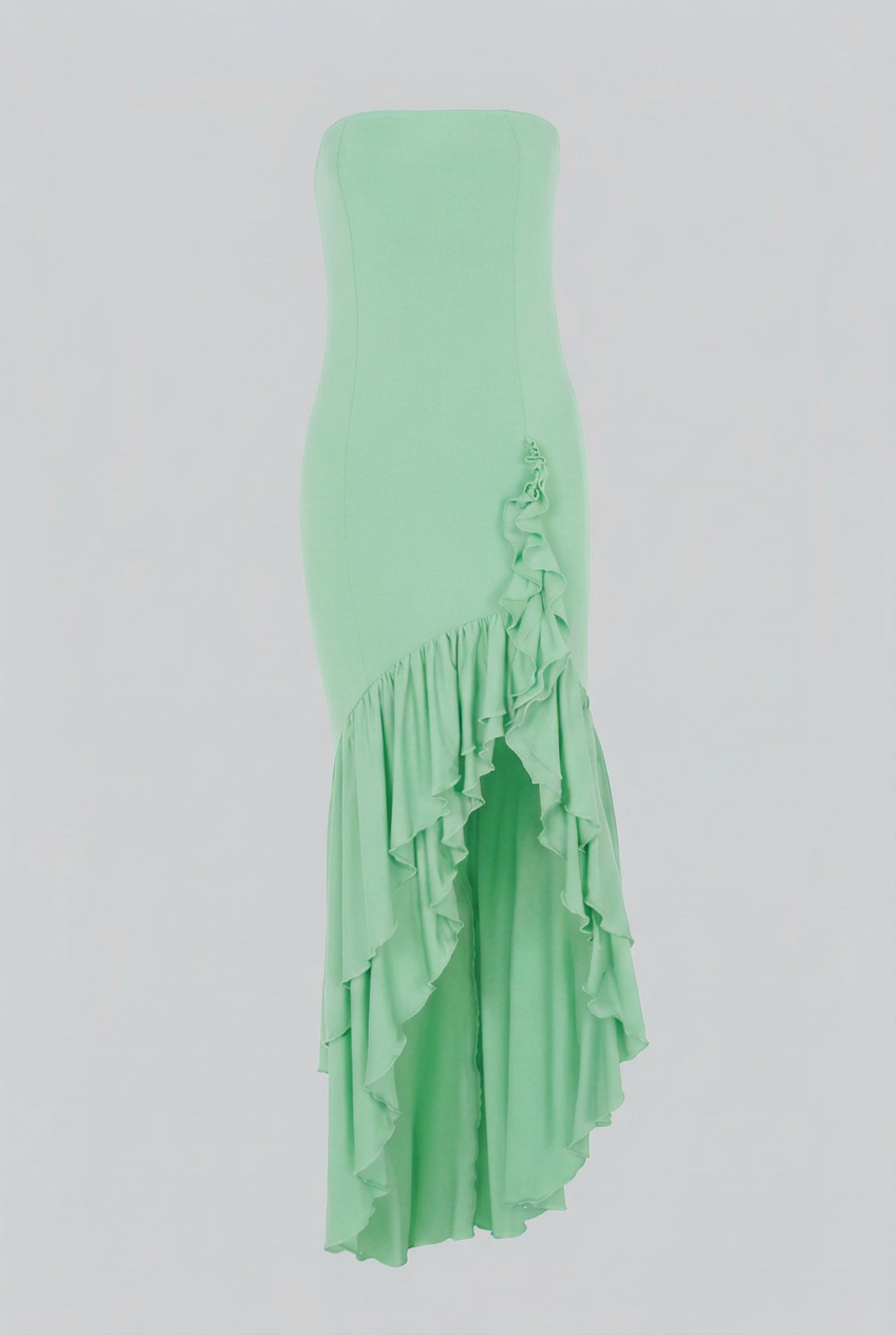 Isabella | Elegant Green Flowing Dress with Asymmetrical Ruffle - Lumina