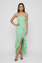 Isabella | Elegant Green Flowing Dress with Asymmetrical Ruffle - Lumina