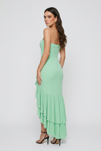 Isabella | Elegant Green Flowing Dress with Asymmetrical Ruffle - Lumina