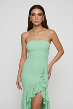 Isabella | Elegant Green Flowing Dress with Asymmetrical Ruffle - Lumina