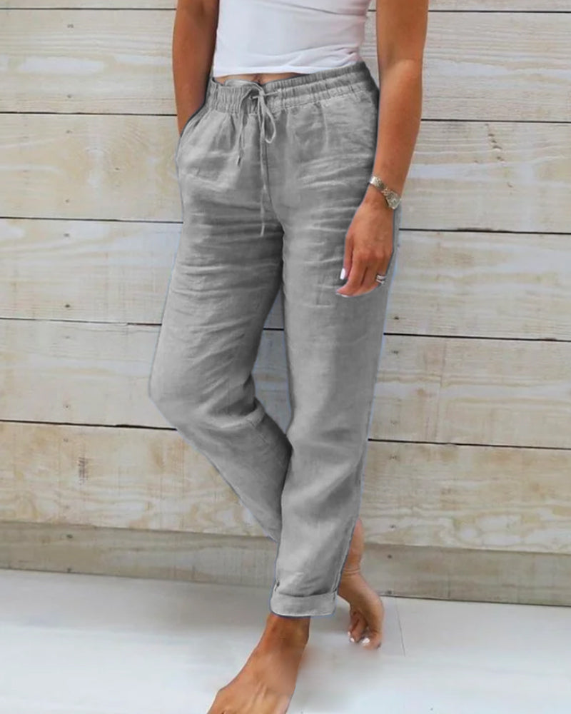 Isabella | Elegant Lightweight Beige Linen Trousers - Lumina