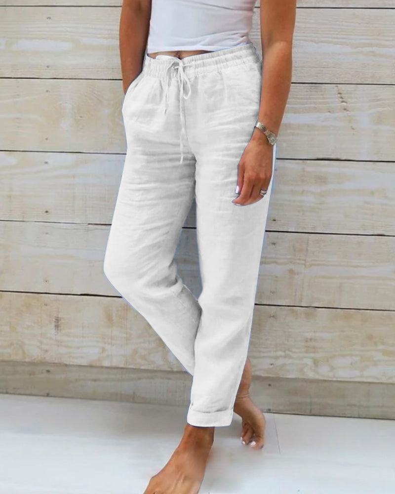 Isabella | Elegant Lightweight Beige Linen Trousers - Lumina