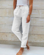 Isabella | Elegant Lightweight Beige Linen Trousers - Lumina
