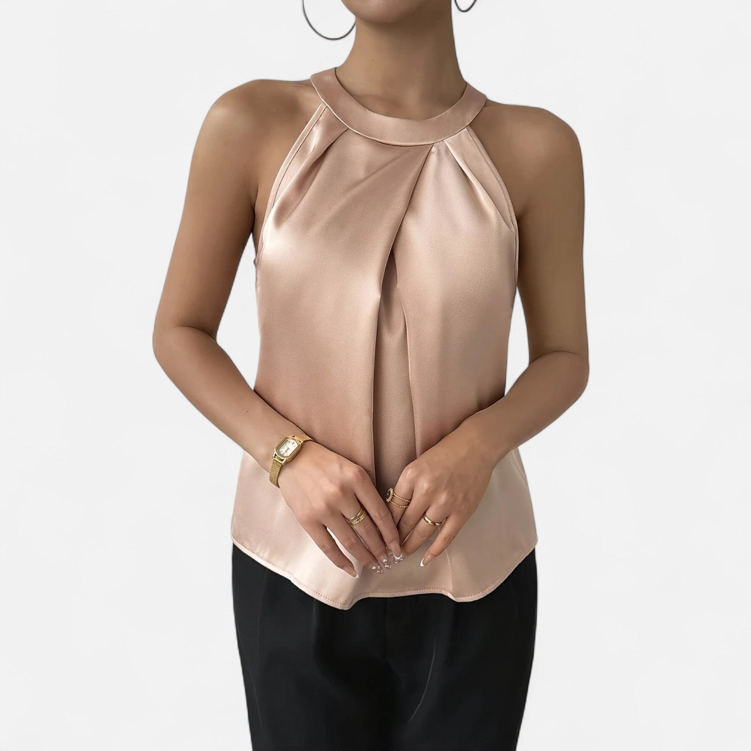 Isabella | Elegant Pleated Draped Satin Tank Top - Lumina