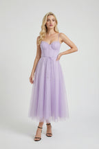 Isabella | Elegant Purple Midi Dress with Flattering Silhouette - Lumina
