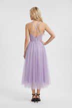 Isabella | Elegant Purple Midi Dress with Flattering Silhouette - Lumina