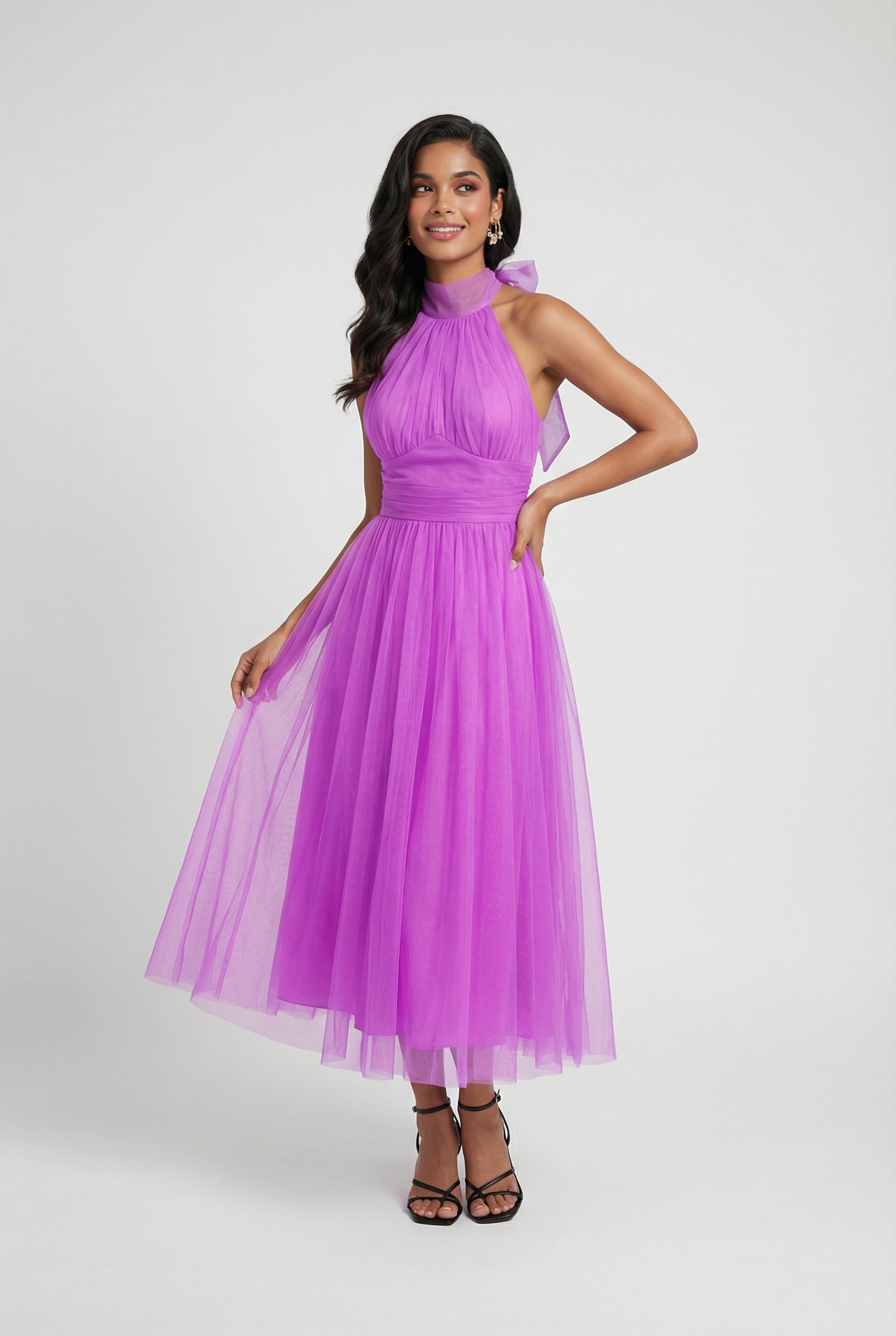 Isabella | Elegant Purple Midi Dress with Versatile Cut - Lumina