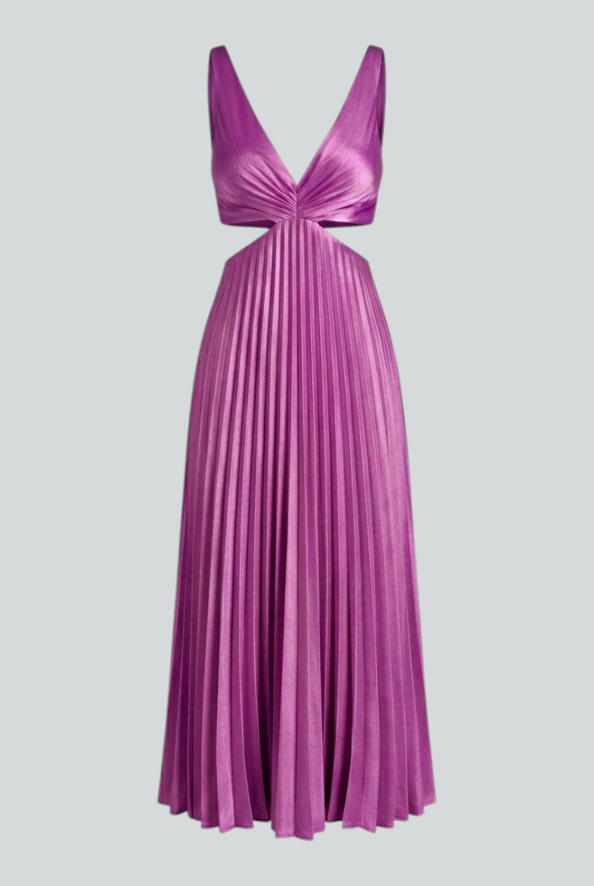 Isabella | Elegant Purple Pleated Wedding Guest Dress with Fluid Drape - Lumina