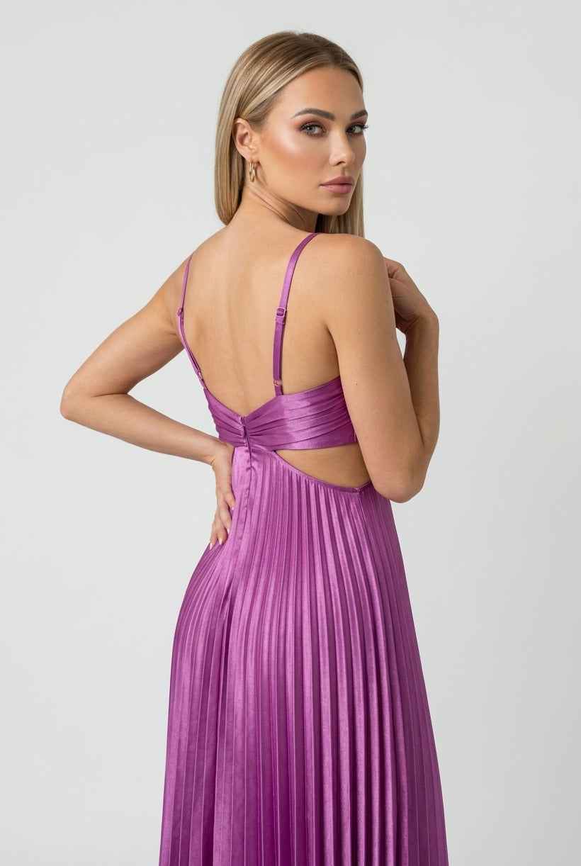 Isabella | Elegant Purple Pleated Wedding Guest Dress with Fluid Drape - Lumina