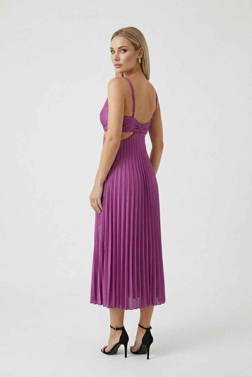 Isabella | Elegant Purple Pleated Wedding Guest Dress with Fluid Drape - Lumina