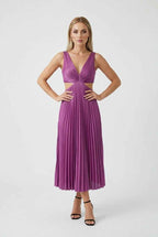 Isabella | Elegant Purple Pleated Wedding Guest Dress with Fluid Drape - Lumina