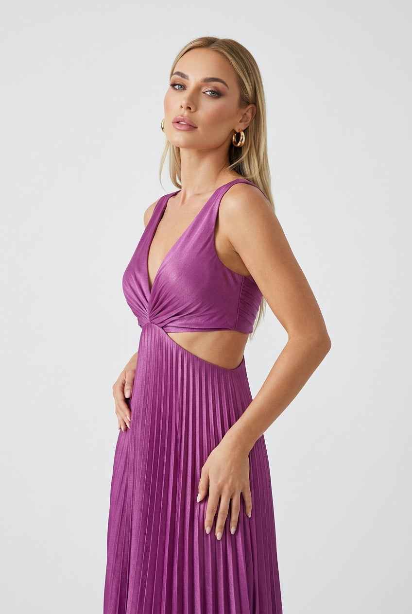 Isabella | Elegant Purple Pleated Wedding Guest Dress with Fluid Drape - Lumina