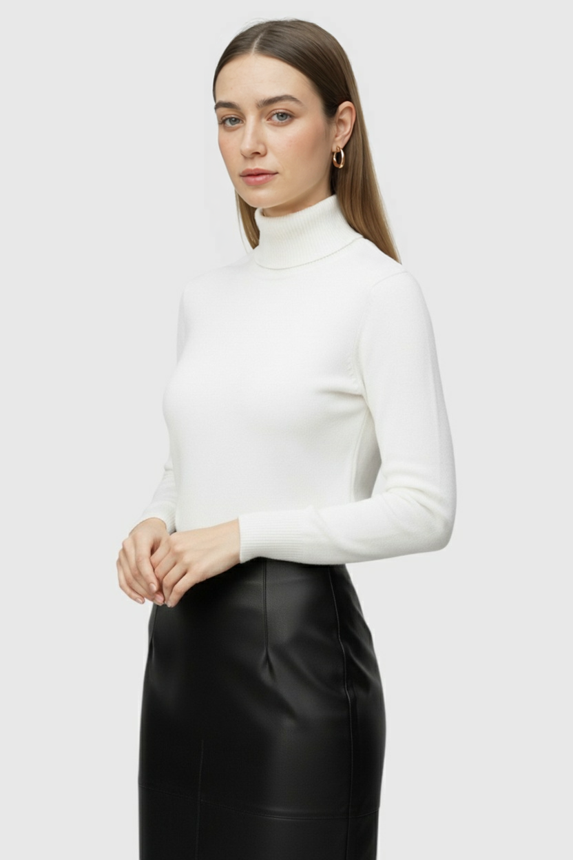 Isabella | Elegant Slim Fit White Turtleneck Sweater - Lumina