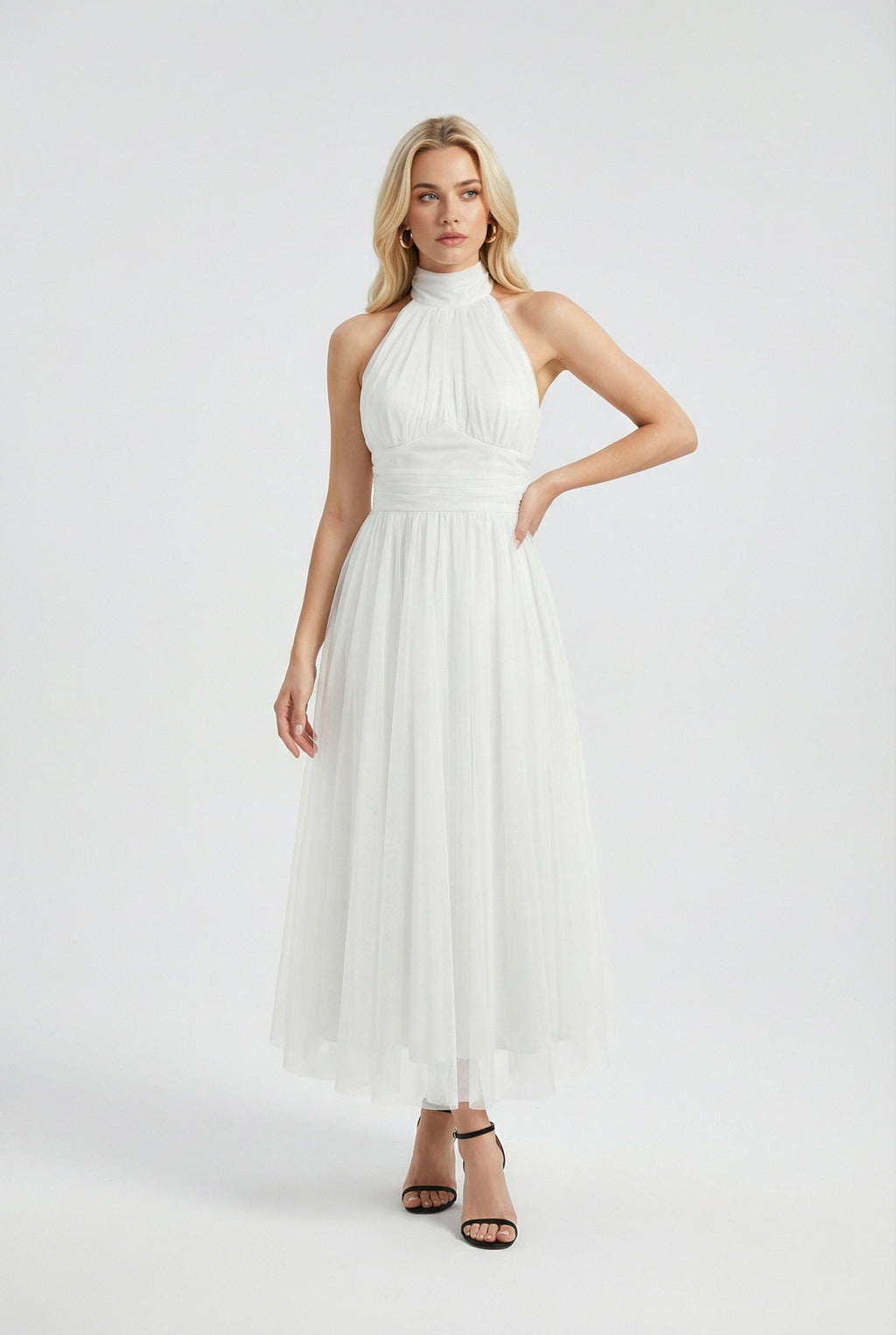 Isabella | Elegant White Midi Dress with Flattering Silhouette - Lumina
