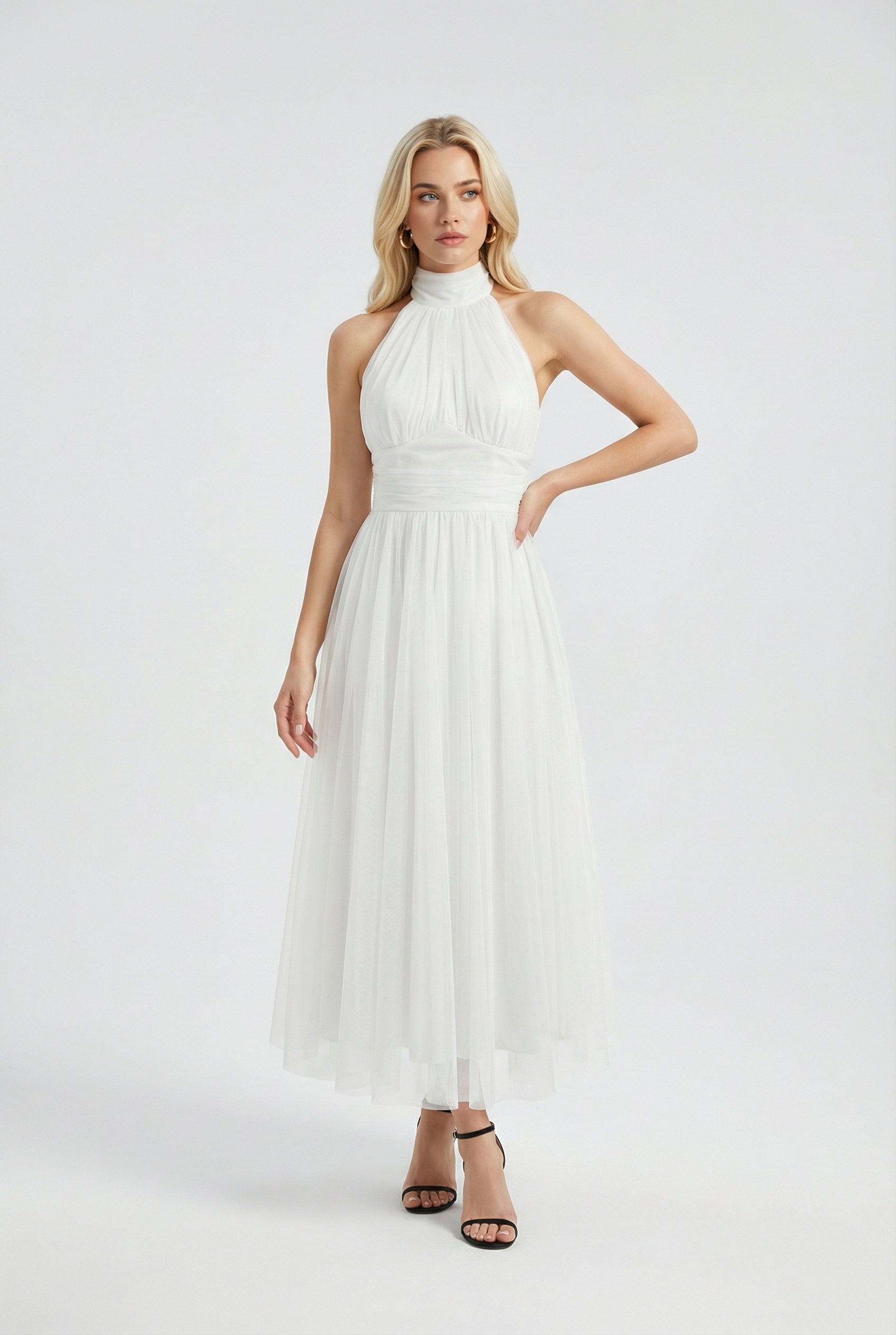 Isabella | Elegant White Midi Dress with Flattering Silhouette - Lumina