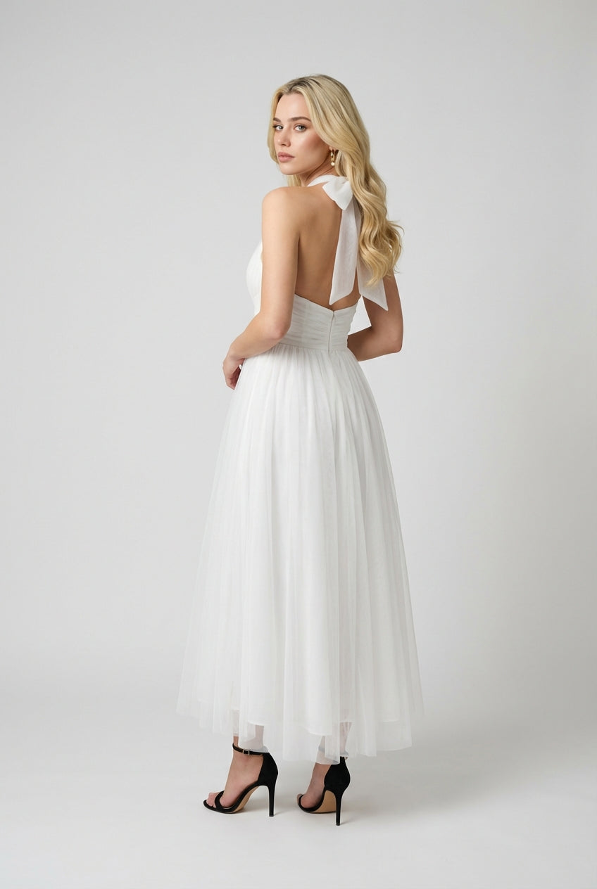 Isabella | Elegant White Midi Dress with Flattering Silhouette - Lumina