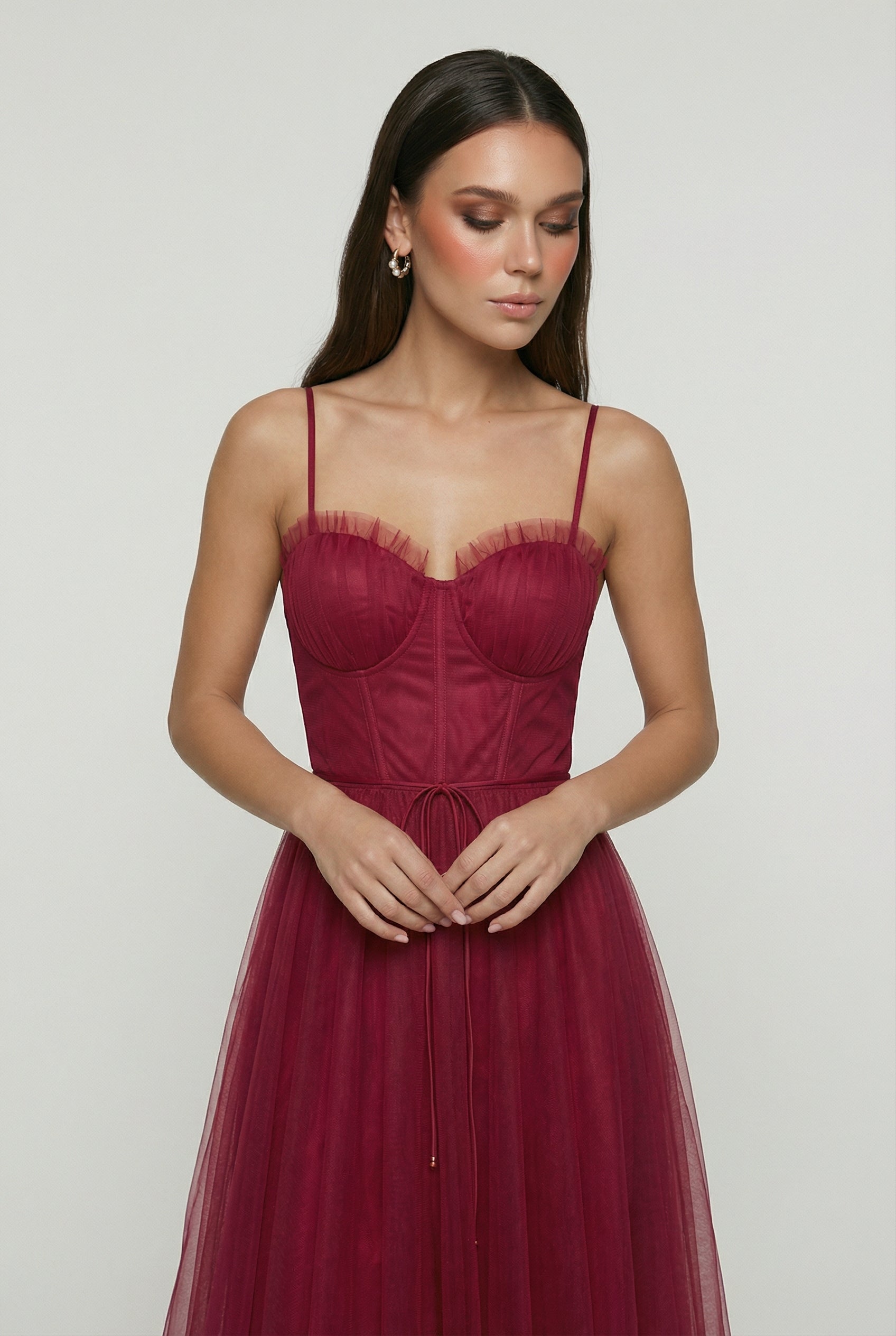 Isabella | Elegant Wine Red Midi Dress with Versatile Cut - Lumina