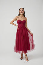 Isabella | Elegant Wine Red Midi Dress with Versatile Cut - Lumina