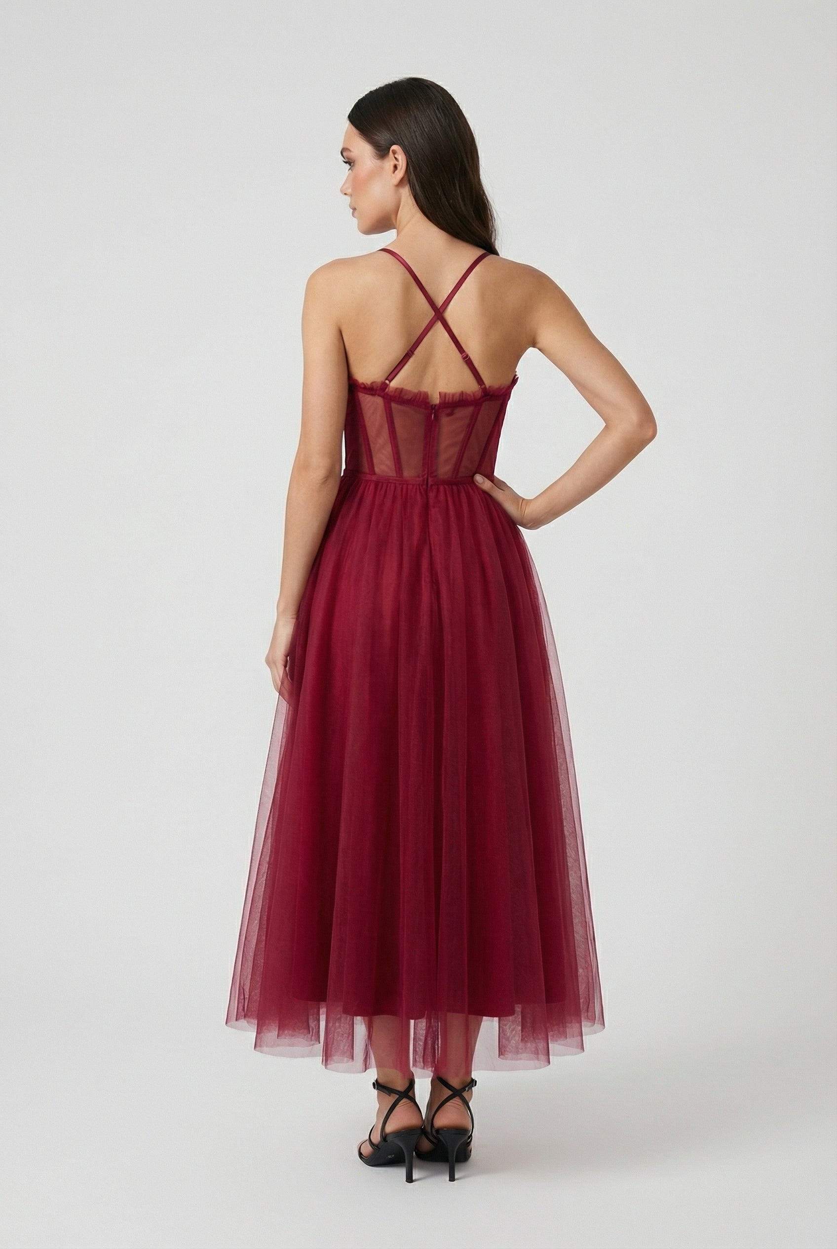 Isabella | Elegant Wine Red Midi Dress with Versatile Cut - Lumina
