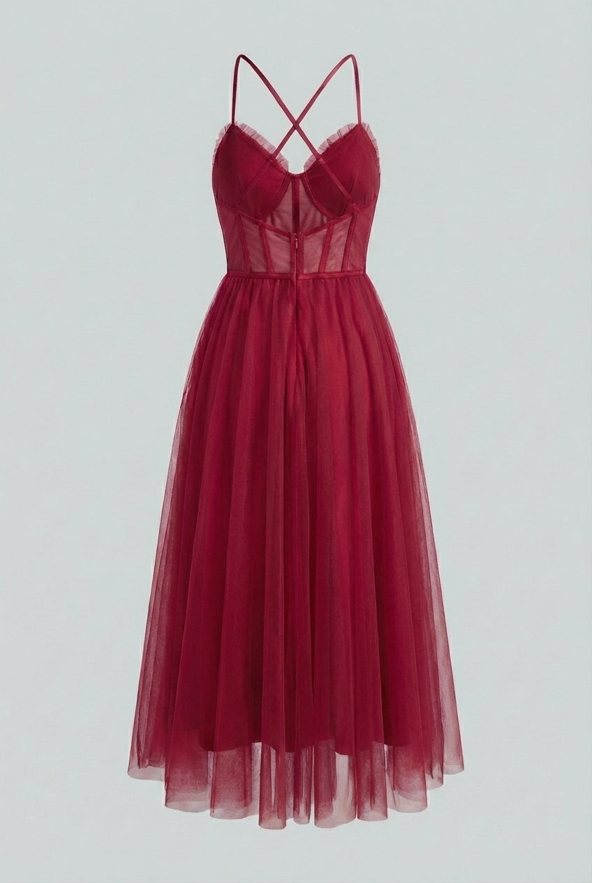Isabella | Elegant Wine Red Midi Dress with Versatile Cut - Lumina