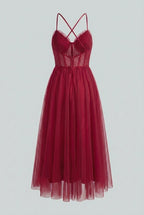 Isabella | Elegant Wine Red Midi Dress with Versatile Cut - Lumina