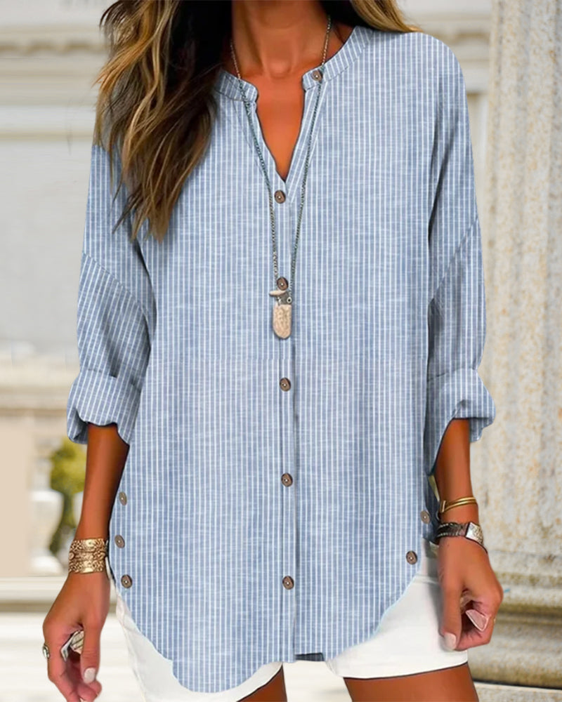 Isabella | Relaxed Striped Blouse with Button Front - Lumina