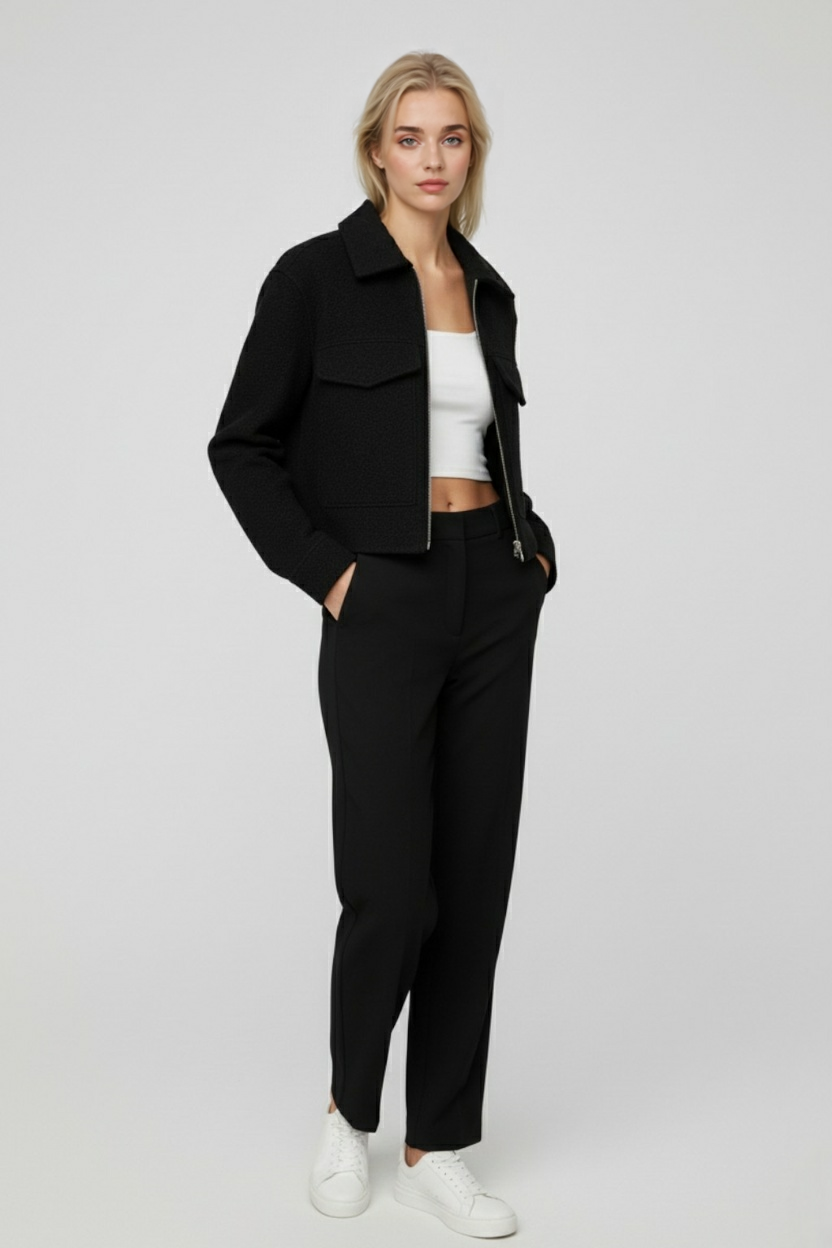 Isabella | Vintage Black Zip Jacket with Lapel Collar - Lumina