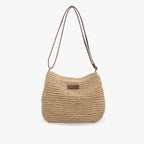 Léandre | Chic Beige Straw Shoulder Bag with Vegan Leather Accents - Lumina