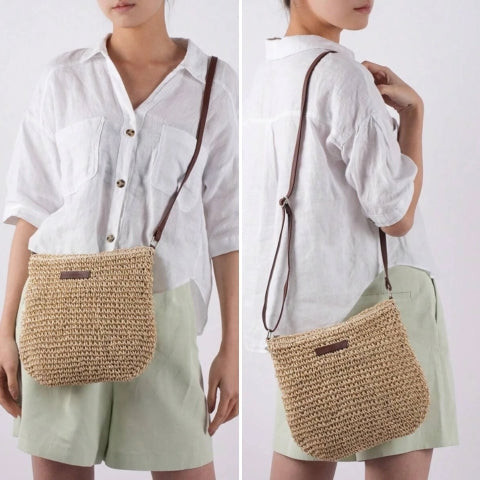 Léandre | Chic Beige Straw Shoulder Bag with Vegan Leather Accents - Lumina