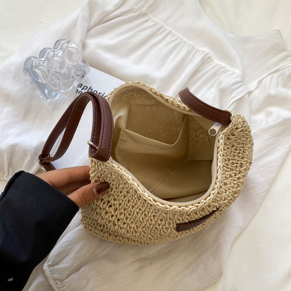 Léandre | Chic Beige Straw Shoulder Bag with Vegan Leather Accents - Lumina
