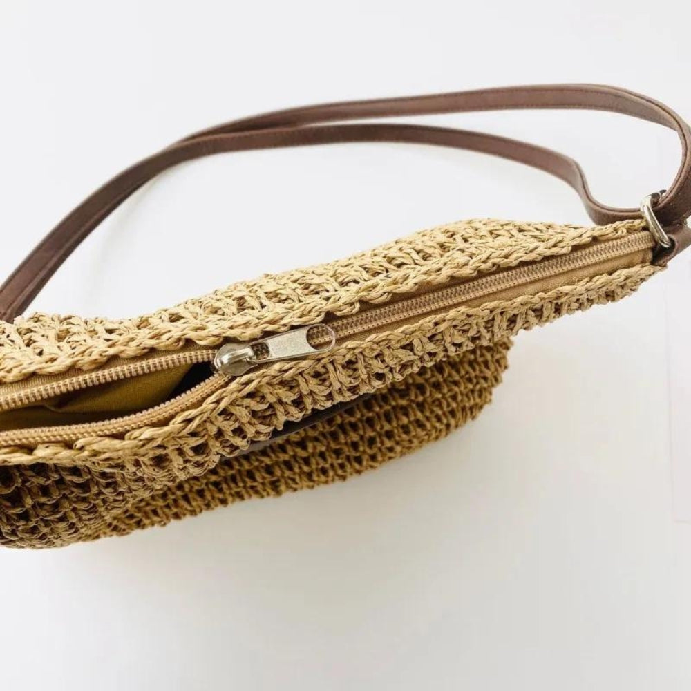Léandre | Chic Beige Straw Shoulder Bag with Vegan Leather Accents - Lumina