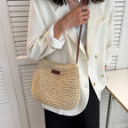 Léandre | Chic Beige Straw Shoulder Bag with Vegan Leather Accents - Lumina