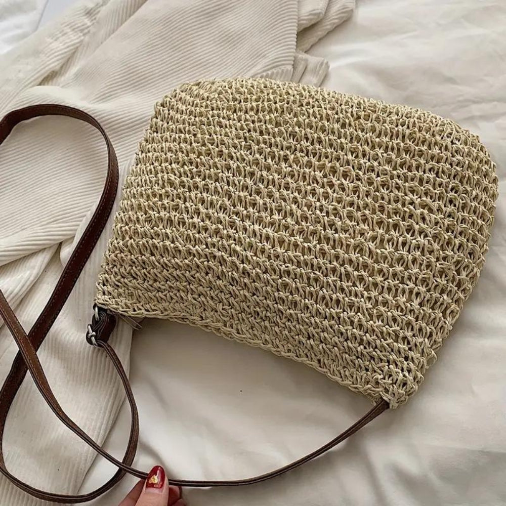 Léandre | Chic Beige Straw Shoulder Bag with Vegan Leather Accents - Lumina